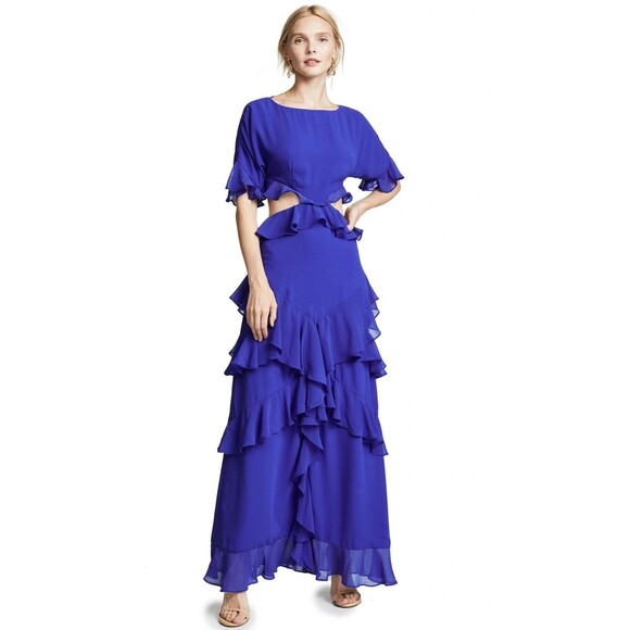 Fame and Partners Marissa Midi Dress Cobalt Blue 4 Formal Ruffles Cutout Tiered - Picture 2 of 11